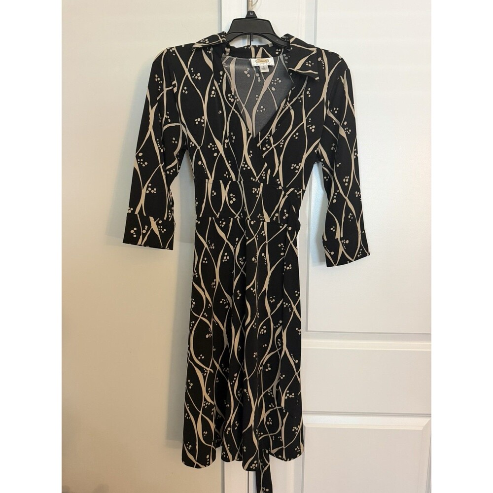 Talbots Petite 6P Wrap Dress Black Brown Cream Abstract Print Knee Length
